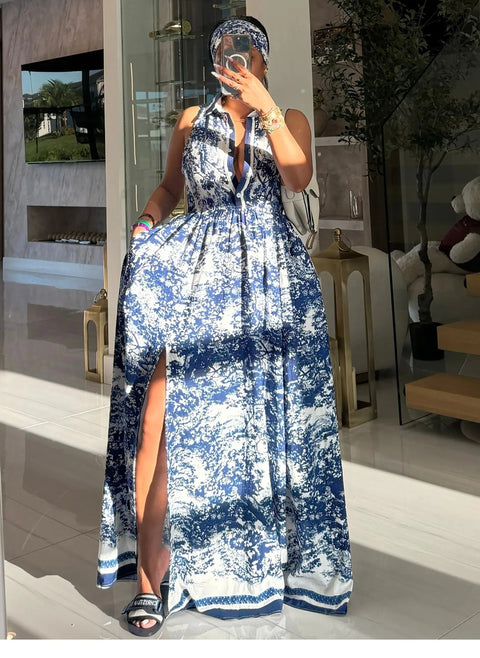 New Tie-dye Printing Sleeveless High Slit Patchwork Long Dress CODE: KAR3990