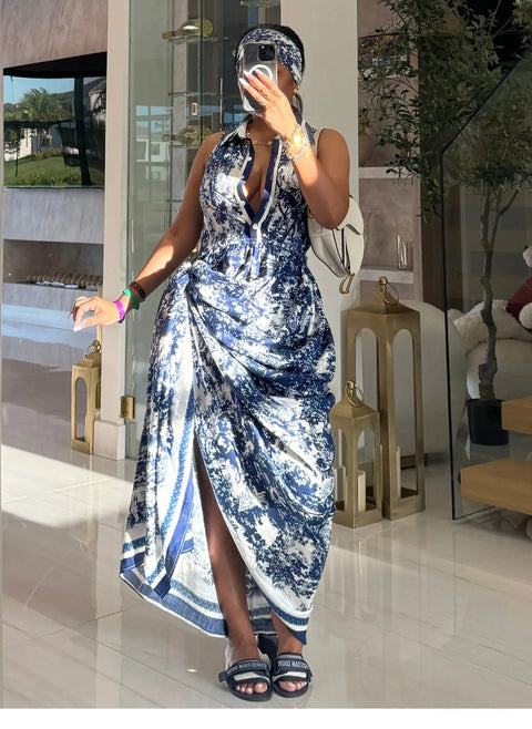 New Tie-dye Printing Sleeveless High Slit Patchwork Long Dress CODE: KAR3990