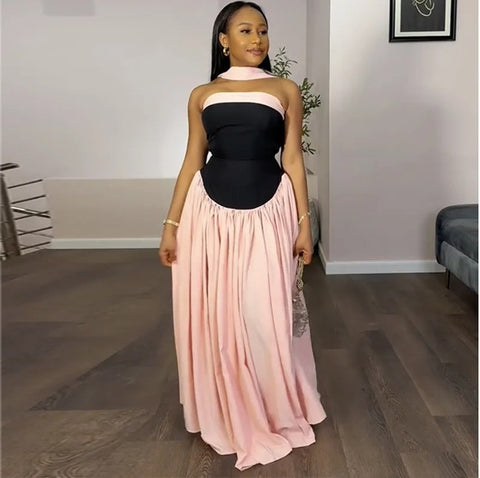 New Fashion Halter Neck Pleated Big Swing High Waist Maxi Long Dress CODE: KAR3991