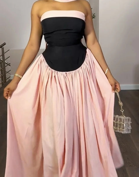 New Fashion Halter Neck Pleated Big Swing High Waist Maxi Long Dress CODE: KAR3991