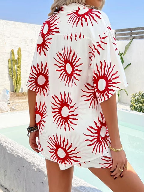 New Casual Printed Contrasting Shirt and Cardigan Short Set CODE: KAR4014