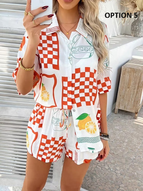 New Casual Printed Contrasting Shirt and Cardigan Short Set CODE: KAR4014