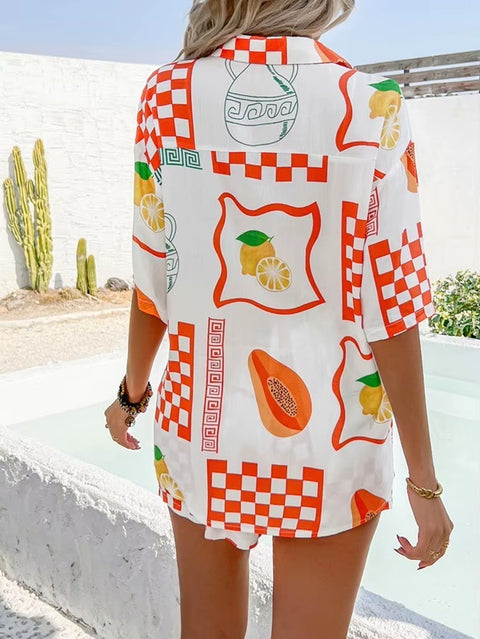 New Casual Printed Contrasting Shirt and Cardigan Short Set CODE: KAR4014