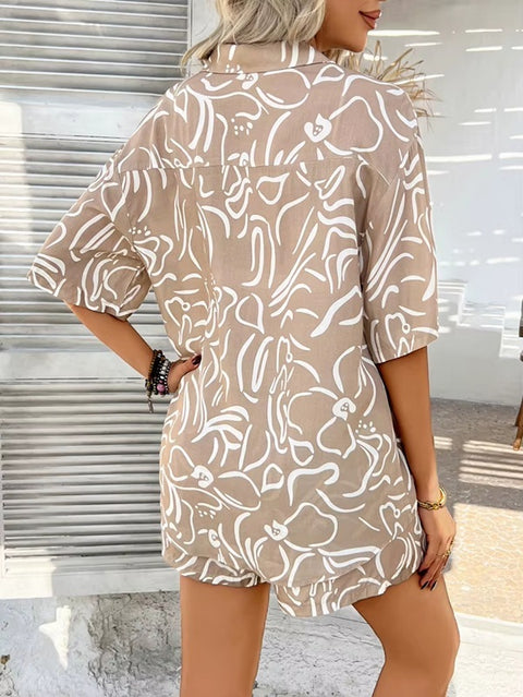 New Casual Printed Contrasting Shirt and Cardigan Short Set CODE: KAR4014