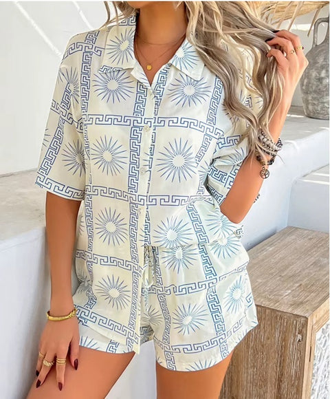 New Casual Printed Contrasting Shirt and Cardigan Short Set CODE: KAR4014