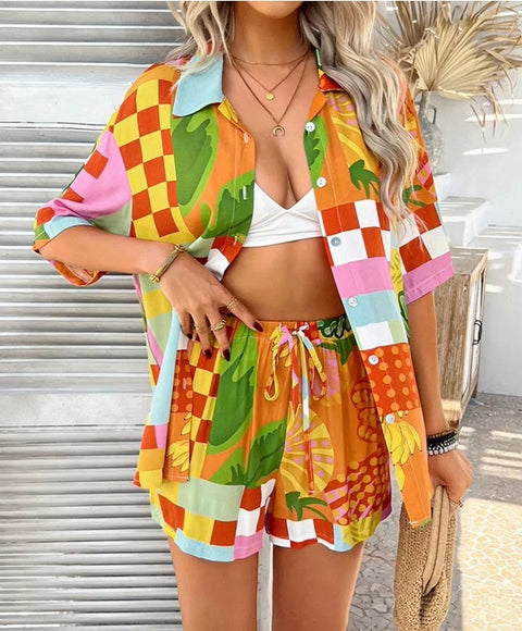 New Casual Printed Contrasting Shirt and Cardigan Short Set CODE: KAR4014