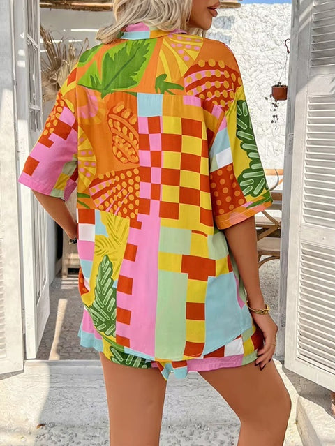 New Casual Printed Contrasting Shirt and Cardigan Short Set CODE: KAR4014
