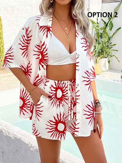 New Casual Printed Contrasting Shirt and Cardigan Short Set CODE: KAR4014