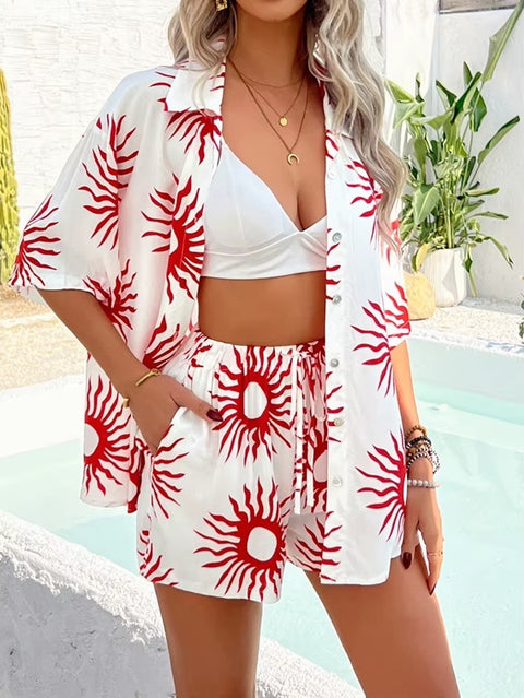 New Casual Printed Contrasting Shirt and Cardigan Short Set CODE: KAR4014
