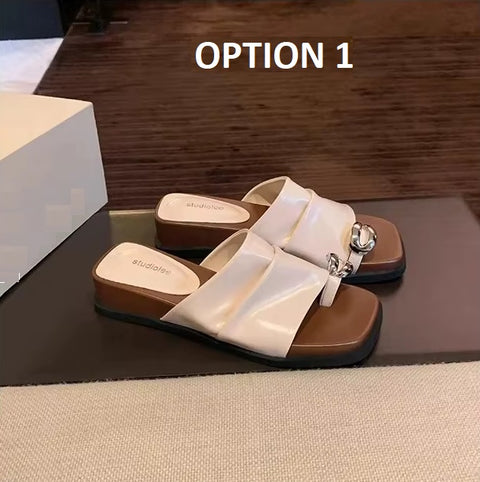 New Fashion Silver Metallic Slip-On Flats with Chain Detail Slippers CODE: KAR4103