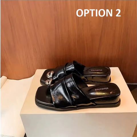 New Fashion Silver Metallic Slip-On Flats with Chain Detail Slippers CODE: KAR4103