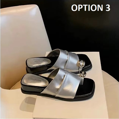 New Fashion Silver Metallic Slip-On Flats with Chain Detail Slippers CODE: KAR4103