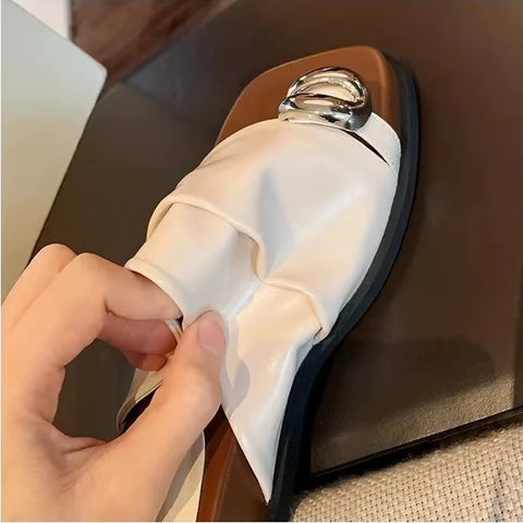 New Fashion Silver Metallic Slip-On Flats with Chain Detail Slippers CODE: KAR4103