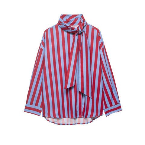 New Vertical Stripe Tie Bow Stand Collar Loose Sleeve Curved Shirt CODE: KAR5253