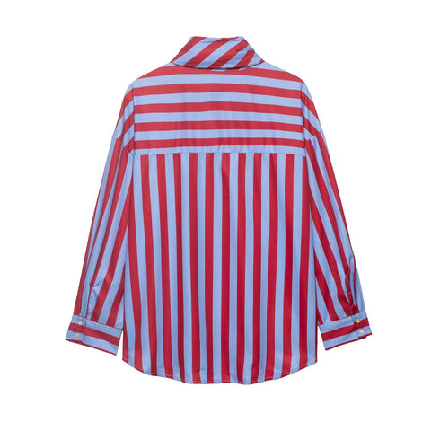 New Vertical Stripe Tie Bow Stand Collar Loose Sleeve Curved Shirt CODE: KAR5253