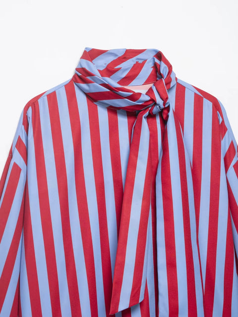 New Vertical Stripe Tie Bow Stand Collar Loose Sleeve Curved Shirt CODE: KAR5253