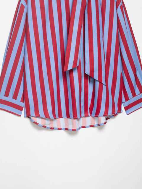 New Vertical Stripe Tie Bow Stand Collar Loose Sleeve Curved Shirt CODE: KAR5253