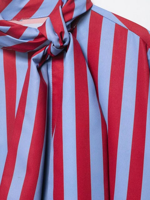 New Vertical Stripe Tie Bow Stand Collar Loose Sleeve Curved Shirt CODE: KAR5253