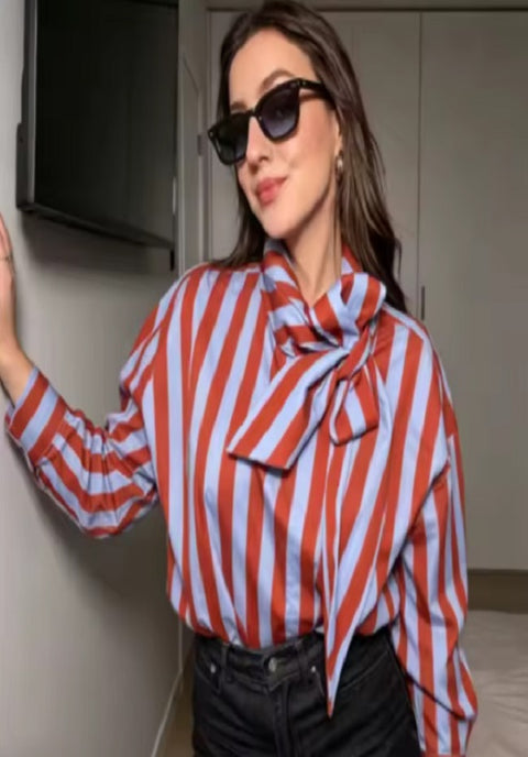 New Vertical Stripe Tie Bow Stand Collar Loose Sleeve Curved Shirt CODE: KAR5253