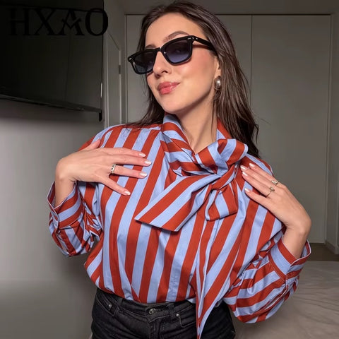 New Vertical Stripe Tie Bow Stand Collar Loose Sleeve Curved Shirt CODE: KAR5253