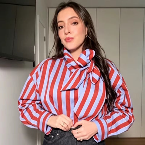 New Vertical Stripe Tie Bow Stand Collar Loose Sleeve Curved Shirt CODE: KAR5253