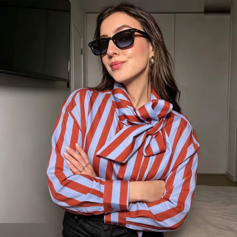 New Vertical Stripe Tie Bow Stand Collar Loose Sleeve Curved Shirt CODE: KAR5253