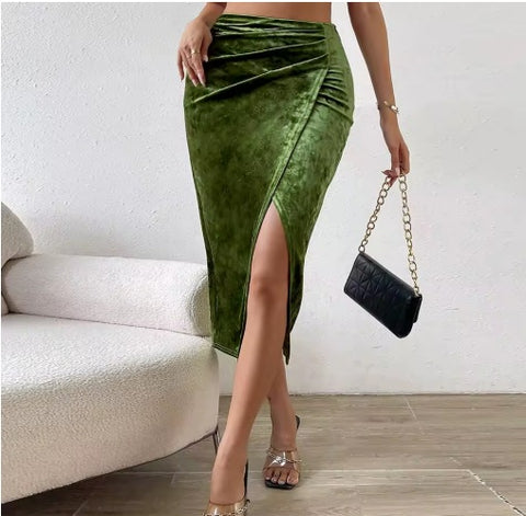 New Velvet High-Slit Olive Green Midi Skirt for Women CODE: KAR3922