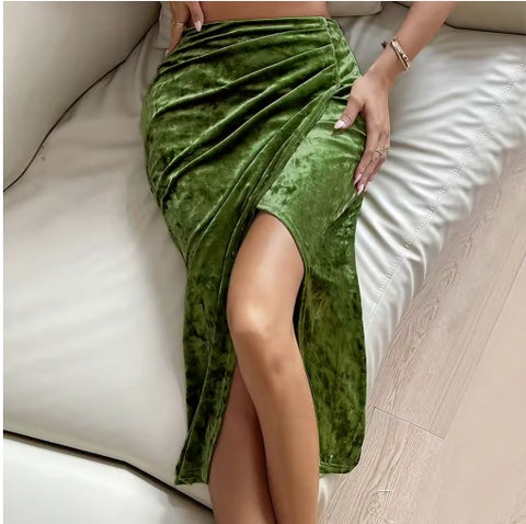 New Velvet High-Slit Olive Green Midi Skirt for Women CODE: KAR3922