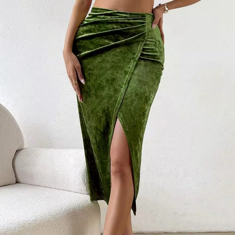 New Velvet High-Slit Olive Green Midi Skirt for Women CODE: KAR3922