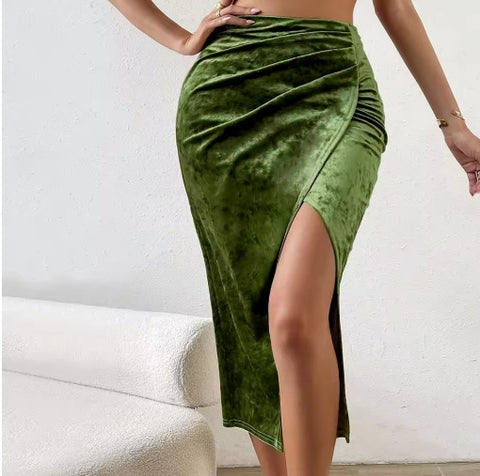 New Velvet High-Slit Olive Green Midi Skirt for Women CODE: KAR3922