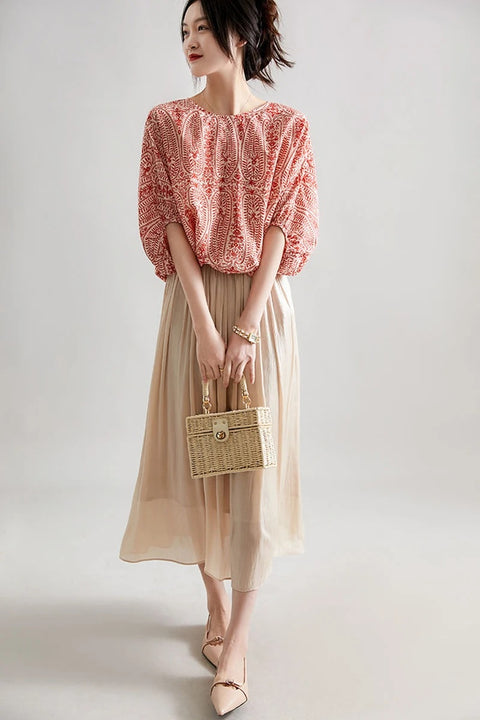 Summer Bow Bandage Print Batwing Sleeve Top CODE: READY1179