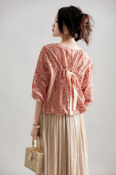 Summer Bow Bandage Print Batwing Sleeve Top CODE: READY1179