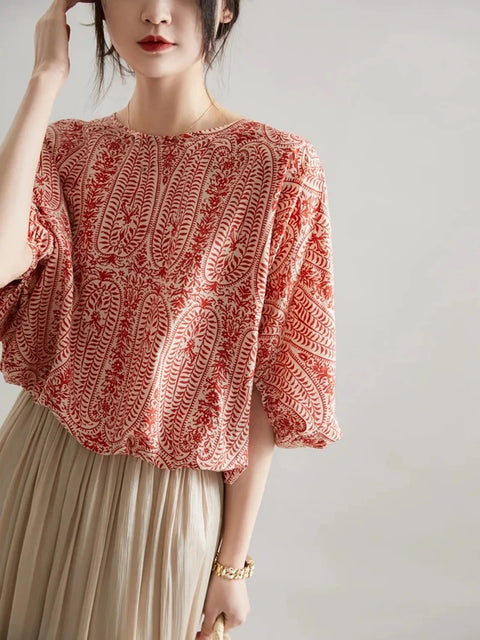 Summer Bow Bandage Print Batwing Sleeve Top CODE: READY1179