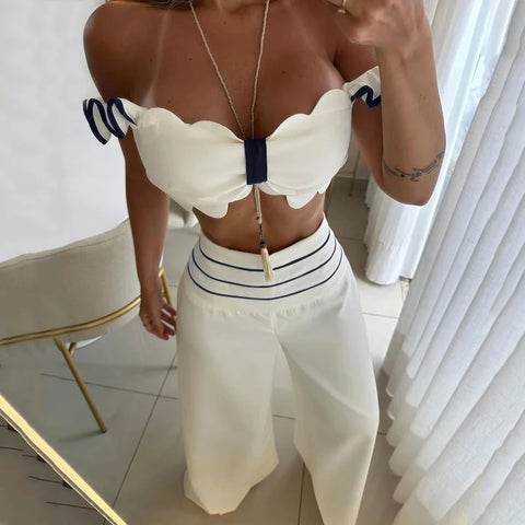 Summer Fashion Off Shoulder Petal Sling Short Top Loose Pant Two Piece Set CODE: READY1180