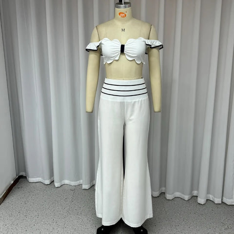 Summer Fashion Off Shoulder Petal Sling Short Top Loose Pant Two Piece Set CODE: READY1180