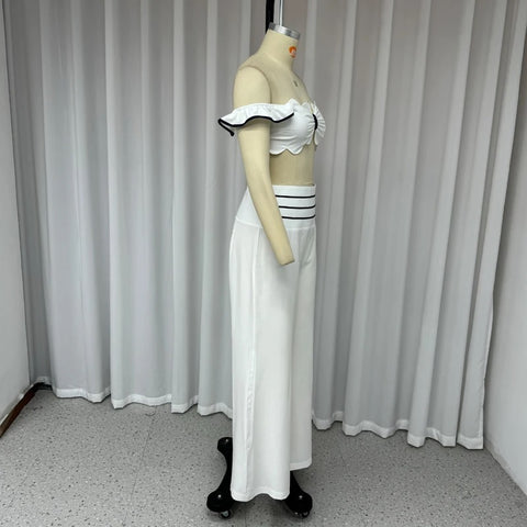 Summer Fashion Off Shoulder Petal Sling Short Top Loose Pant Two Piece Set CODE: READY1180