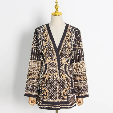 New V-neck Long Sleeve Luxurious Metallic Beaded Jacket CODE: READY1353