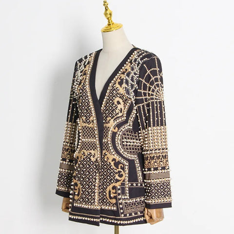 New V-neck Long Sleeve Luxurious Metallic Beaded Jacket CODE: READY1353