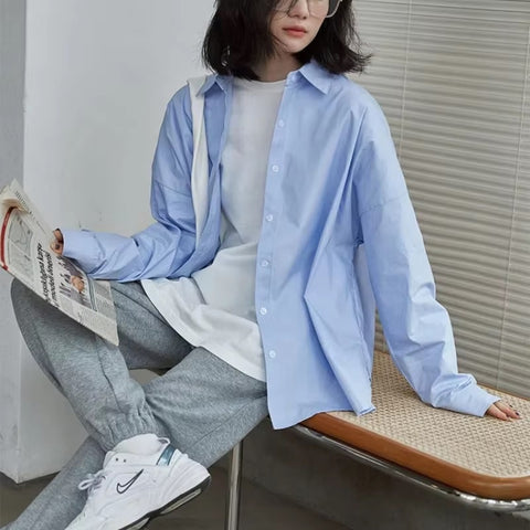 autumn new spliced polo collar casual loose long sleeve shirt CODE: READY1372