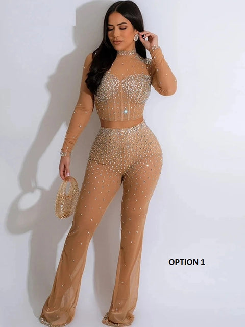 New Sparkle Sheer Mesh Rhinestone Corset Crop Top And Wide Legs Pant Set CODE: READY1445