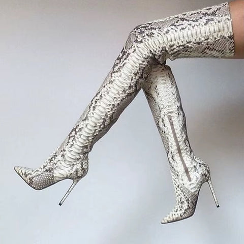 Snake pattern knee pointed sexy high heel boots SIZE: 40 CODE: READY1454