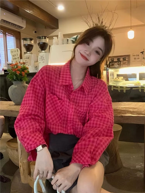 New Sweet Loose Simple Casual Cozy Spring All-match Daily Ulzzang Style Plaid Shirts CODE: READY1576