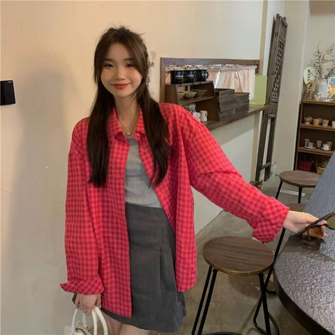 New Sweet Loose Simple Casual Cozy Spring All-match Daily Ulzzang Style Plaid Shirts CODE: READY1576