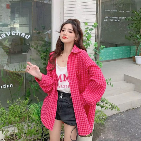 New Sweet Loose Simple Casual Cozy Spring All-match Daily Ulzzang Style Plaid Shirts CODE: READY1576