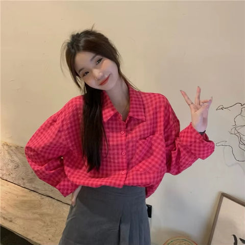 New Sweet Loose Simple Casual Cozy Spring All-match Daily Ulzzang Style Plaid Shirts CODE: READY1576