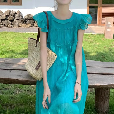 Summer Break Fly Sleeve round Neck Loose Waist Maxi Long Dress CODE: READY1577