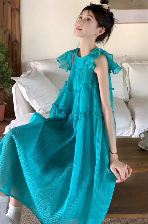 Summer Break Fly Sleeve round Neck Loose Waist Maxi Long Dress CODE: READY1577