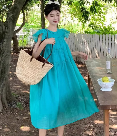 Summer Break Fly Sleeve round Neck Loose Waist Maxi Long Dress CODE: READY1577