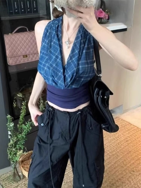 Sexy Plaid Patchwork Streetwear Halter Bandage Crop Tank Top CODE: READY1595