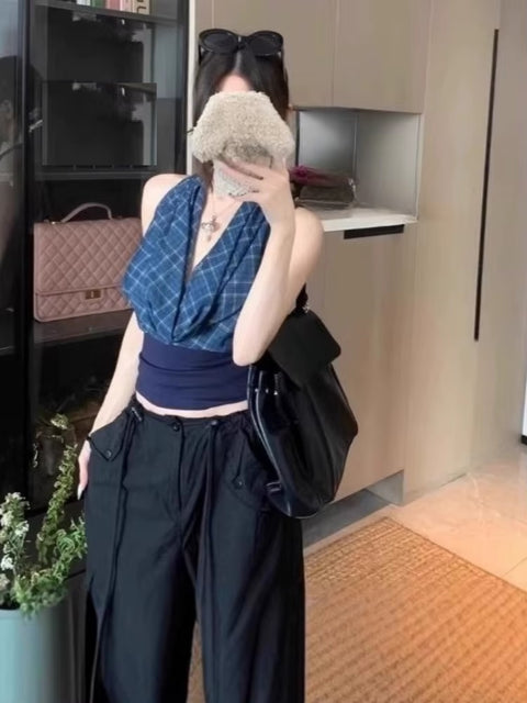 Sexy Plaid Patchwork Streetwear Halter Bandage Crop Tank Top CODE: READY1595